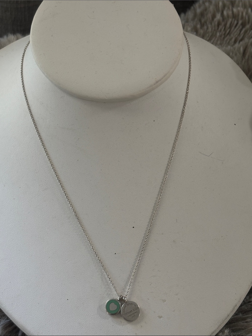 Tiffany & Co. Silver Necklace with Mint Green Charm and Round Tag
